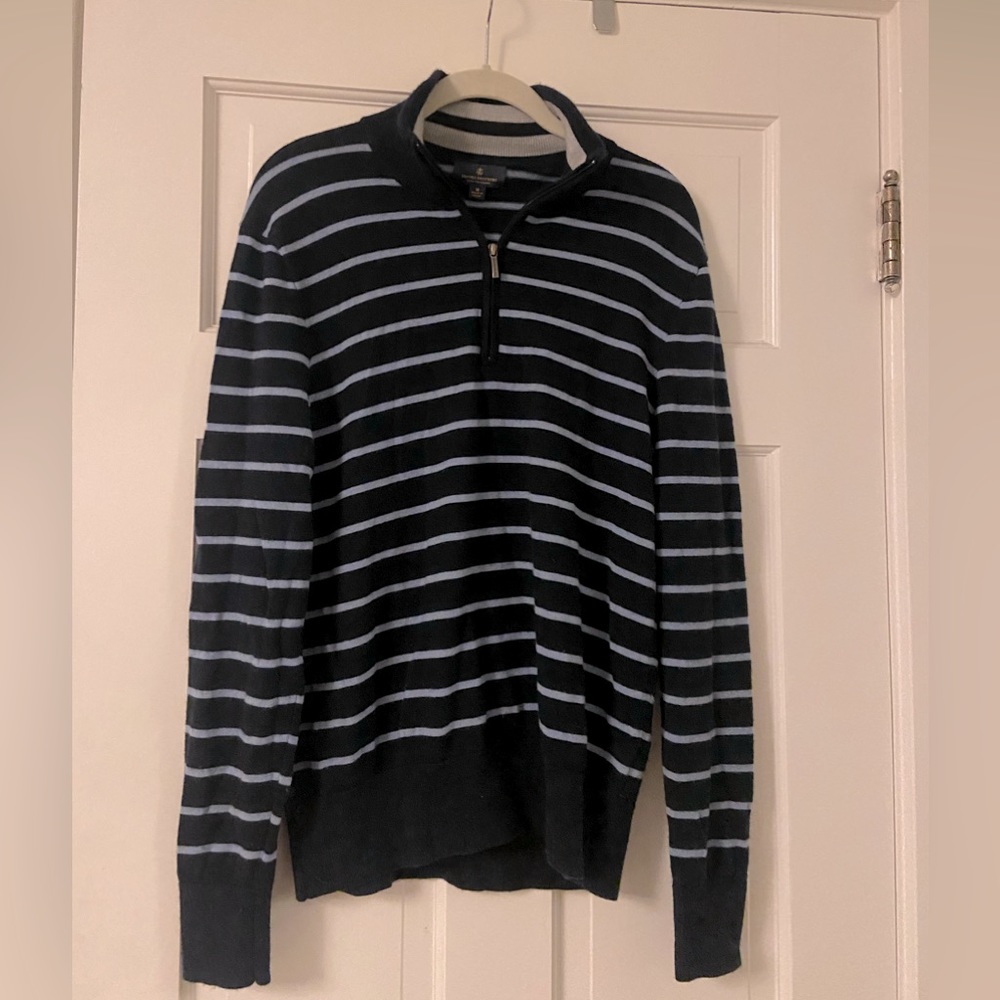Brooks Brothers 100% Fine Merino Wool  Half Zip Sweater- Navy Blue Stripes